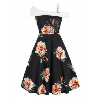 

Floral Print Skew Neck Knee Length Dress, Black