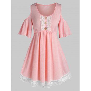 

Plus Size Lace Button Cold Shoulder T Shirt, Light pink