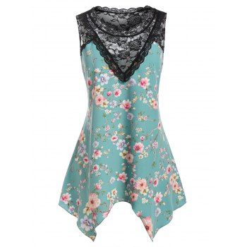 

Plus Size Flower Print Scalloped Lace Tank Top, Multicolor a