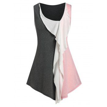 

Plus Size Ruffle Front Colorblock Asymmetrical Tank Top, Multicolor a