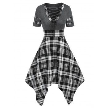 

Plaid O Ring Lace Up Handkerchief Dress, Gray