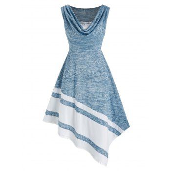 

Space Dye Print Contrast Colorblock Asymmetric Dress Cowl Neck Lace Ruffles Insert Sleeveless Dress, Light blue