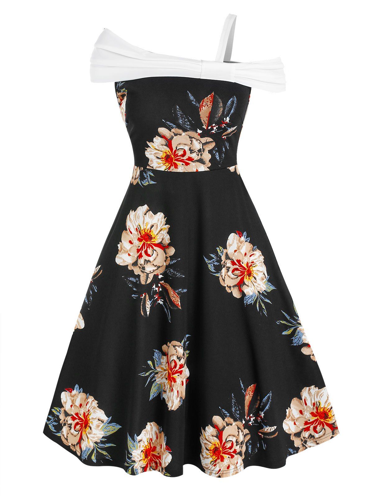 Floral Print Skew Neck Knee Length Dress - BLACK L