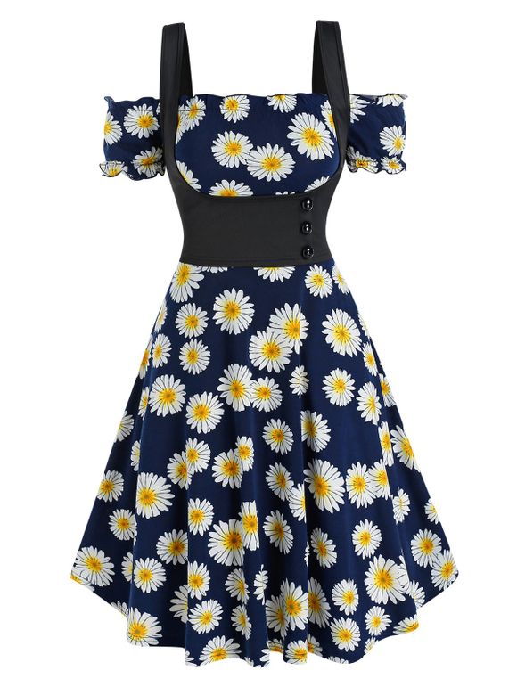 Daisy Print Off The Shoulder A Line Vacation Dress and Top Twinset - DEEP BLUE 2XL