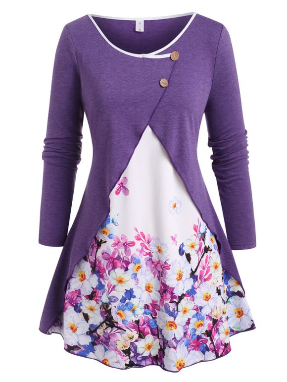 Haut Boutonné Superposé en Avant Fleuri de Grande Taille - Pourpre 4X
