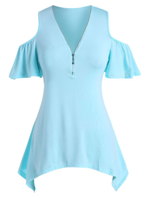 T-shirt Mouchoir à Demi-Zip à Epaule Dénudée de Grande Taille - Bleu clair 5XL