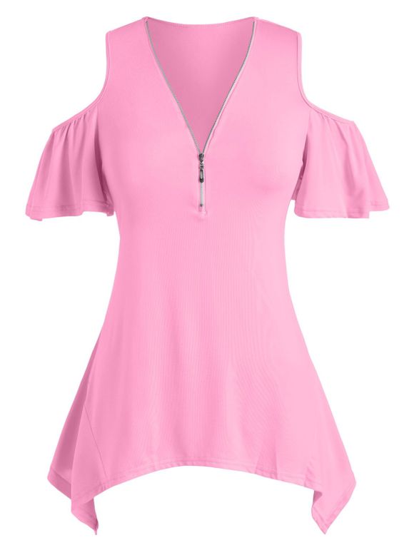 T-shirt Mouchoir à Demi-Zip à Epaule Dénudée de Grande Taille - Rose clair XL