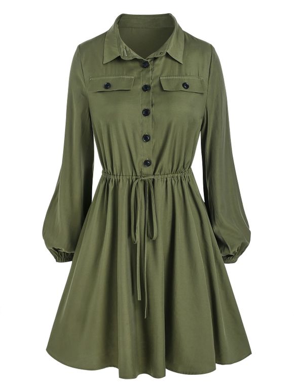 Mini Robe Demi-Bouton à Manches Lanternes à Cordon - Vert profond 3XL