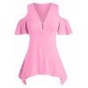 T-shirt Mouchoir à Demi-Zip à Epaule Dénudée de Grande Taille - Rose clair 4XL