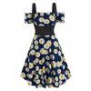 Daisy Print Off The Shoulder A Line Vacation Dress and Top Twinset - DEEP BLUE L