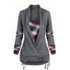 Vintage Plaid Print Ruched Cinched Surplice Faux Twinset T-shirt Set - LIGHT GRAY M