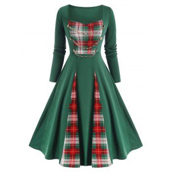 

Vintage Contrast A Line Knee Length Dress Plaid Panel Chains Embellish High Waist Long Sleeve Dress, Deep green