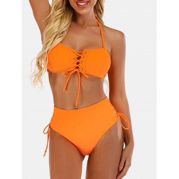 

Lace Up High Waisted Halter Tie Bikini Swimwear, Dark orange
