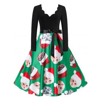 

Scalloped Belted Santa Claus Cat Elk Christmas Dress, Deep green