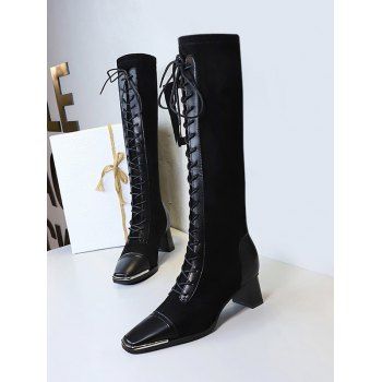 

Lace Up Square Toe Patchwork Knee Length Boots, Natural black