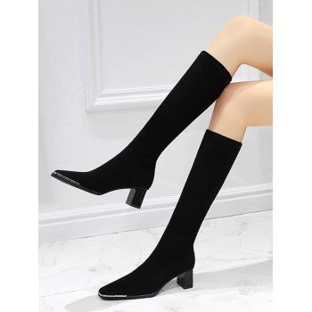 

Chunky Heel Suede Knee Length Boots, Natural black