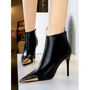 

Metal Pointed Toe Ankle Stiletto Heel Boots, Black