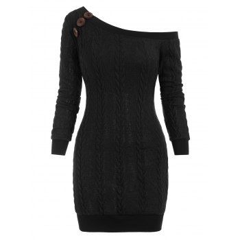 

Skew Neck Cable Knit Mini Sweater Dress, Black