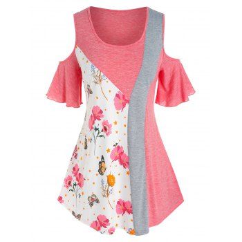 

Plus Size Flower Print Patchwork T Shirt, Multicolor