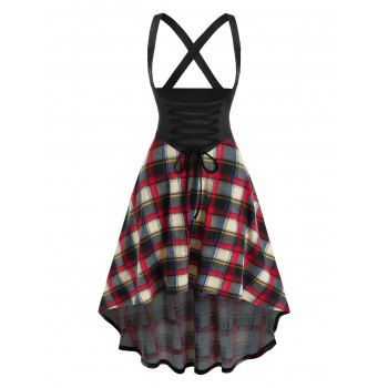 

Lace Up Plaid Crisscross High Low Suspender Skirt, Black