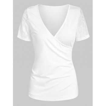 

V Neck Lace Insert Surplice T-shirt, White