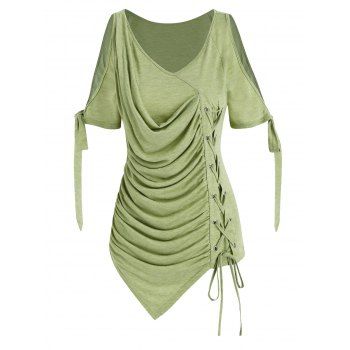 

Cold Shoulder Lace-up Ruched Asymmetrical T-shirt, Light green