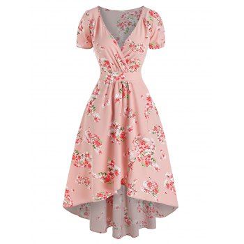 

Vacation Floral Print Plunging Neck High Low Midi Surplice Dress, Light pink