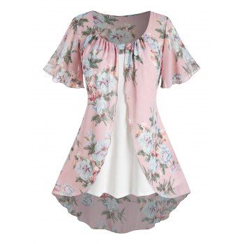 

Plus Size Floral Print Split Front Longline Top, Light pink