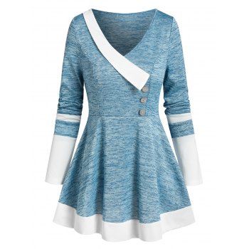 

Asymmetric Colorblock Button Marled T Shirt, Blue