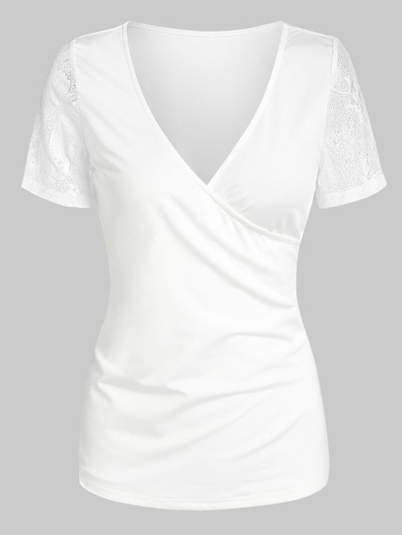 V Neck Lace Insert Surplice T-shirt - WHITE XXXL