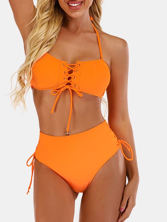 Maillot de Bain Bikini Noué à Taille Haute à Lacets à Col Halter - Orange Foncé XL