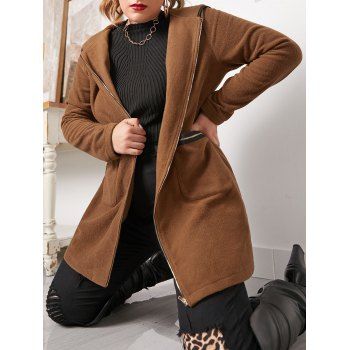 

Plus Size Hooded Piping Zip Up Pocket Coat, Brown bear