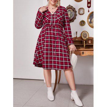 

Plus Size Plaid V Notch Drawstring Roll Up Sleeve Dress, Lava red