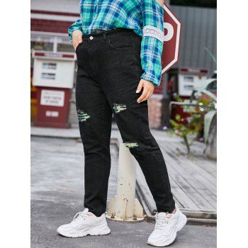 

Contrast Ripped High Waisted Plus Size Tapered Jeans, Black