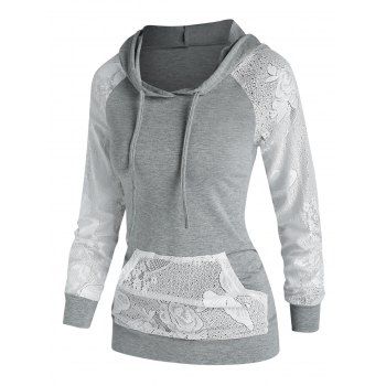 

Flower Lace Panel Pocket Casual Hoodie, Light gray