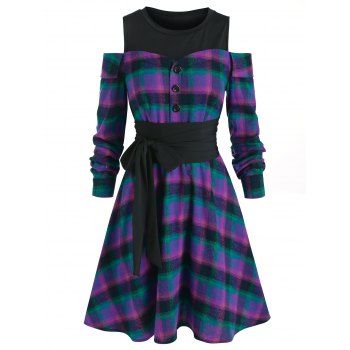 

Plaid Open Shoulder Knee Length Dress, Multicolor