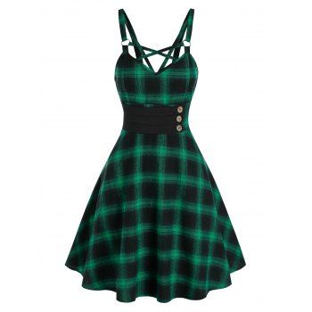 

Plaid Strappy Fit and Flare Dress, Green