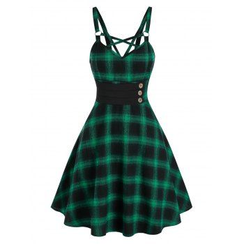 Plaid Strappy Fit and Flare Dress, Green