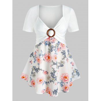 

Plus Size O Ring Flower Print T Shirt, White