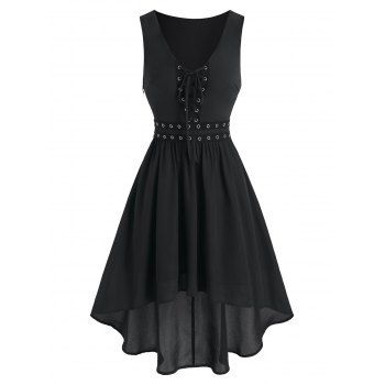 

Grommet Lace Up High Low A Line Dress, Black