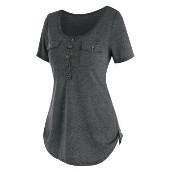 Round Collar Buttons Pockets T Shirt, Gray
