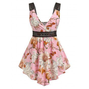 

Plus Size Flower Guipure Lace Insert Backless Tank Top, Pink