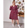 Plus Size Plaid V Notch Drawstring Roll Up Sleeve Dress - LAVA RED 3X