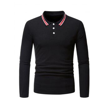 Stripe Turn Down Collar Half Button T-shirt, Black