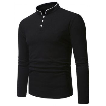 

Half Button Stripe Long Sleeve T-shirt, Black
