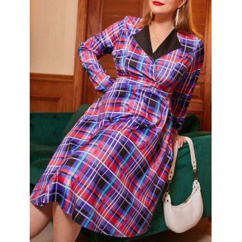 

Plaid Long Sleeve Surplice Plus Size Dress, Purple