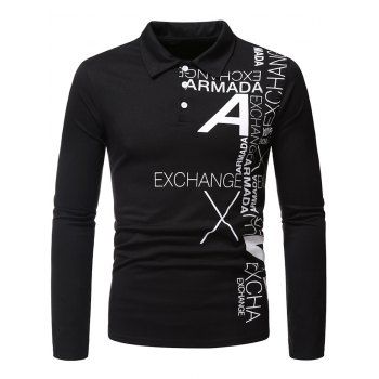 

Letter Print Long Sleeve Turn Down Collar T Shirt, Black