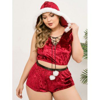 

Plus Size Velvet Hooded Lace Up Crop Top and Shorts Set, Red