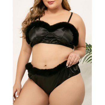 

Plus Size Faux Fur Panel Bra Set, Black