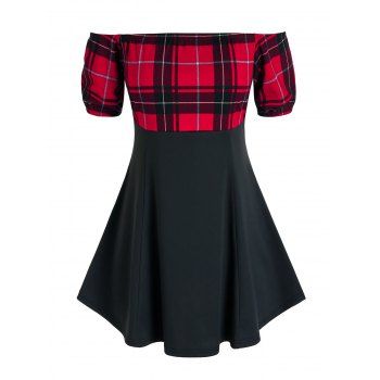 

Plus Size Off Shoulder Plaid Empire Waist T Shirt, Black